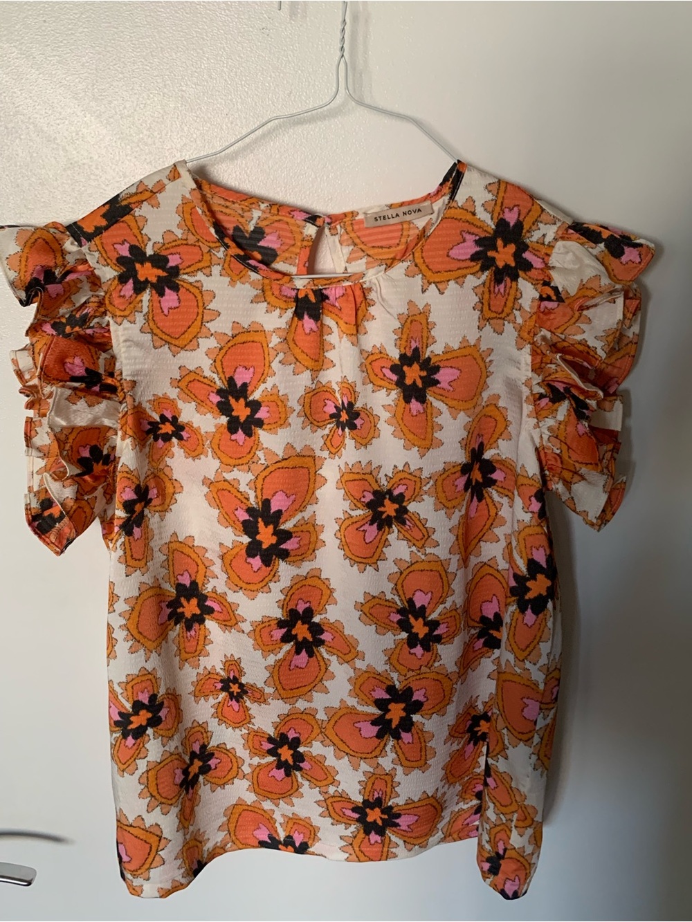 Stella Nova Floral Ruffle Sleeve Blouse - Orange & Pink Size 4 US/ 34 EU